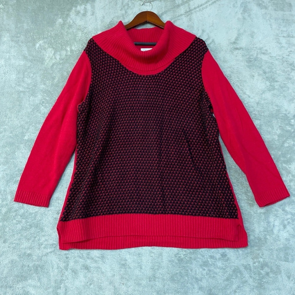 Calvin Klein Women's XL Red Black Cowl Neck Sweater Cotton Blend Knit